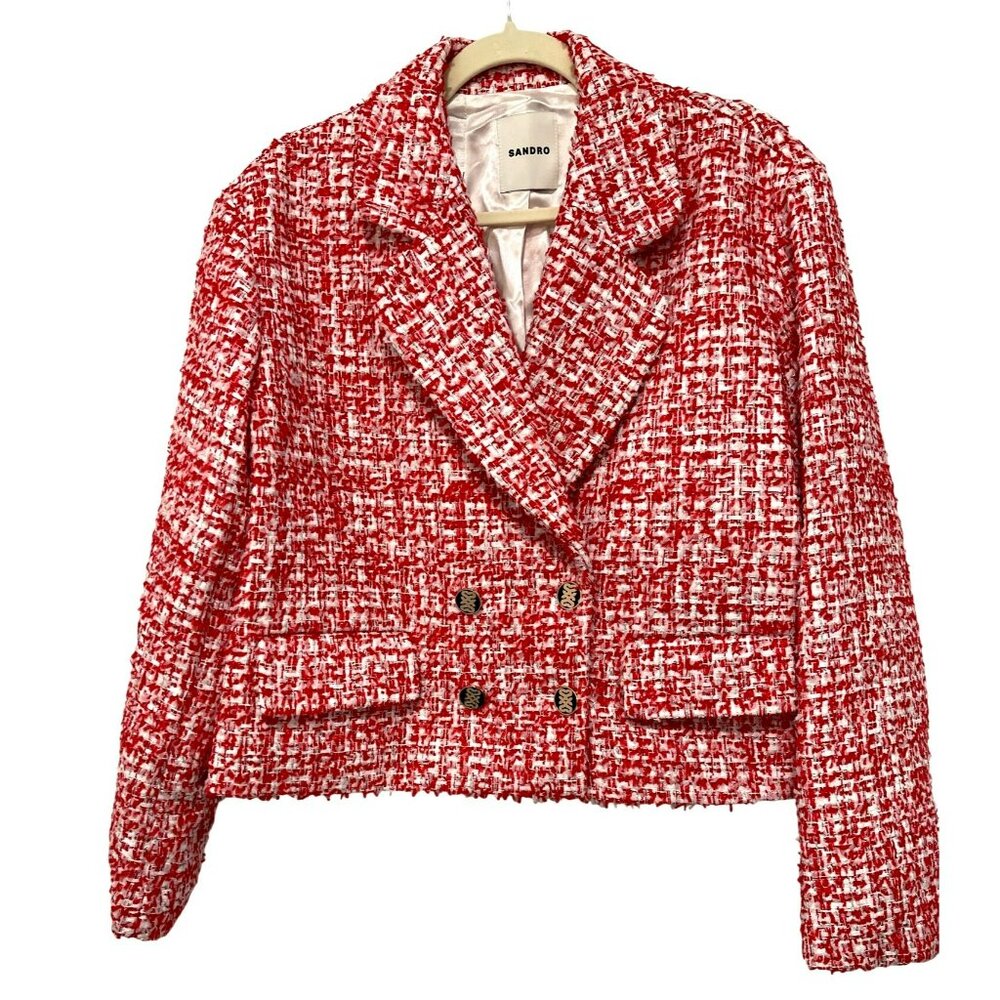 Sandro $580 Red Tweed Cropped Blazer Jacket Evening NWT Size 10 - Picture 3 of 9